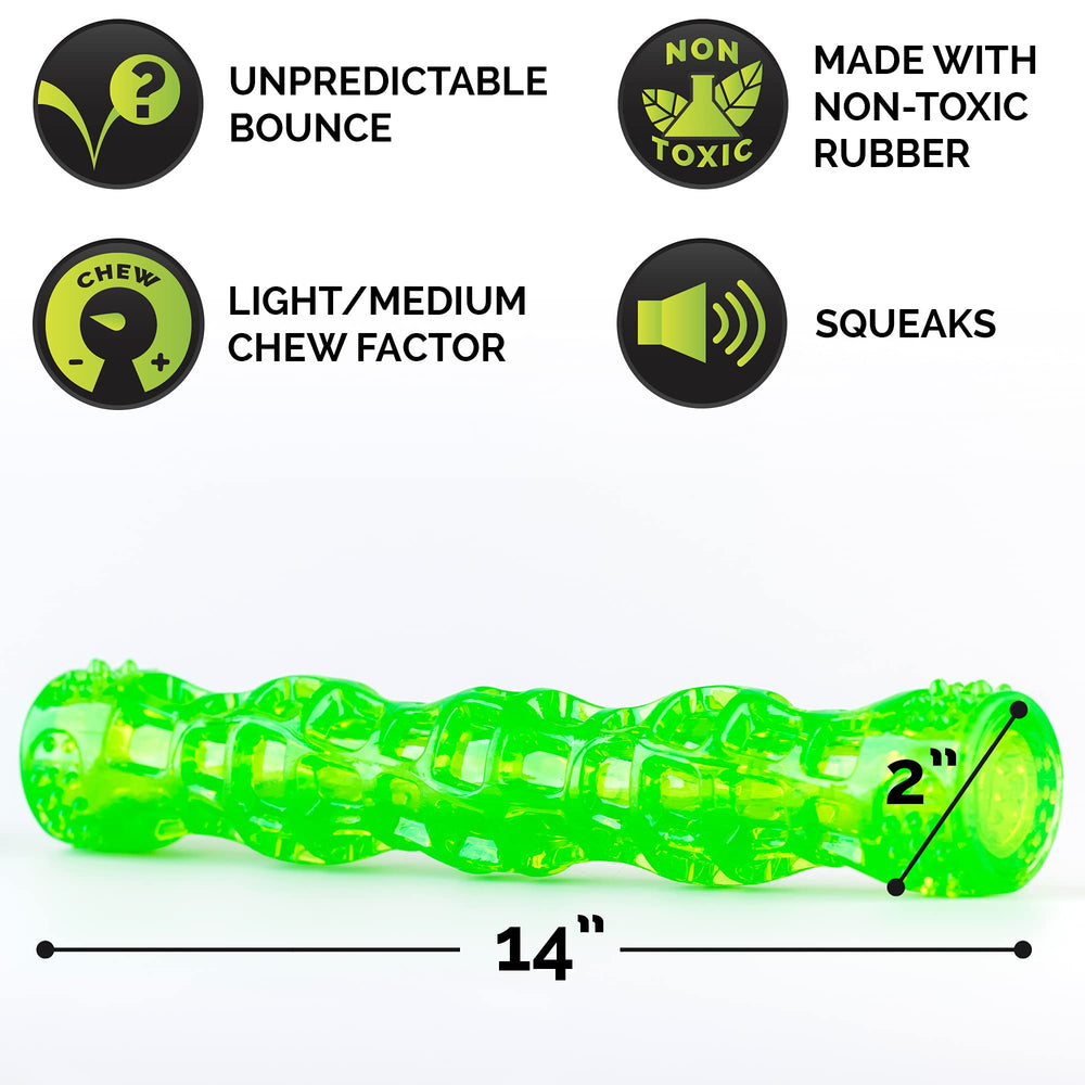 Hyper Pet Dura-Squeaks stick toy side view showcases unpredictable bounce for engagement.