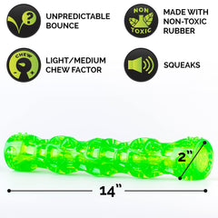 Hyper Pet Dura-Squeaks stick toy side view showcases unpredictable bounce for engagement.