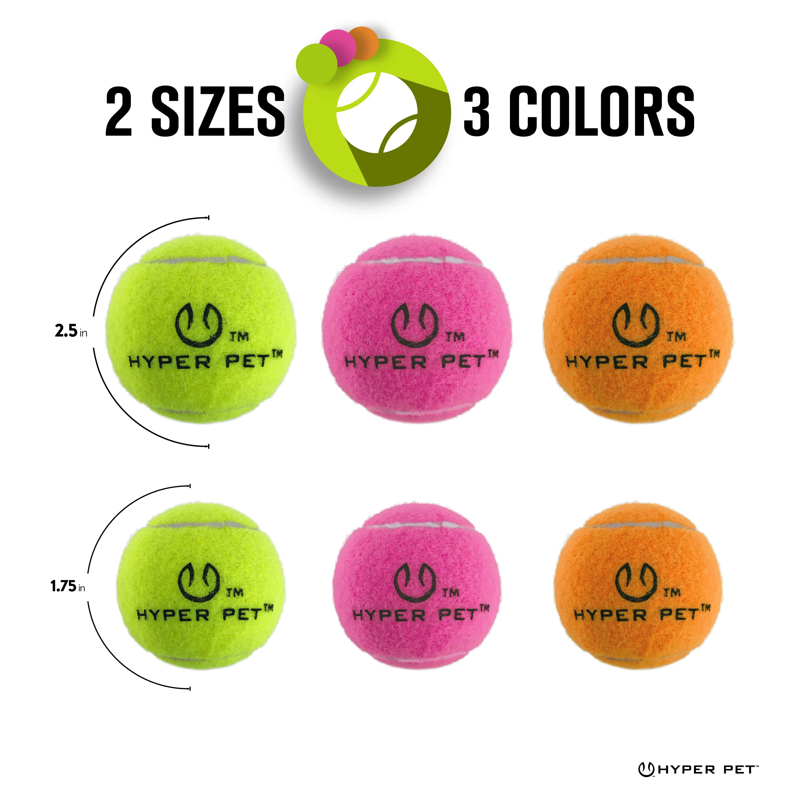 Hyper Pet MINI tennis balls feature bright colors for quick spotting.