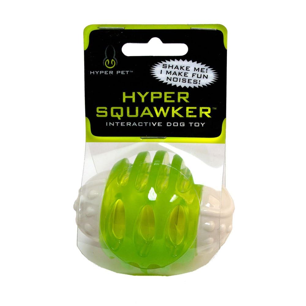 Hyper Pet Squawker Ball dog toy in green/white for interactive play with engaging squeaks