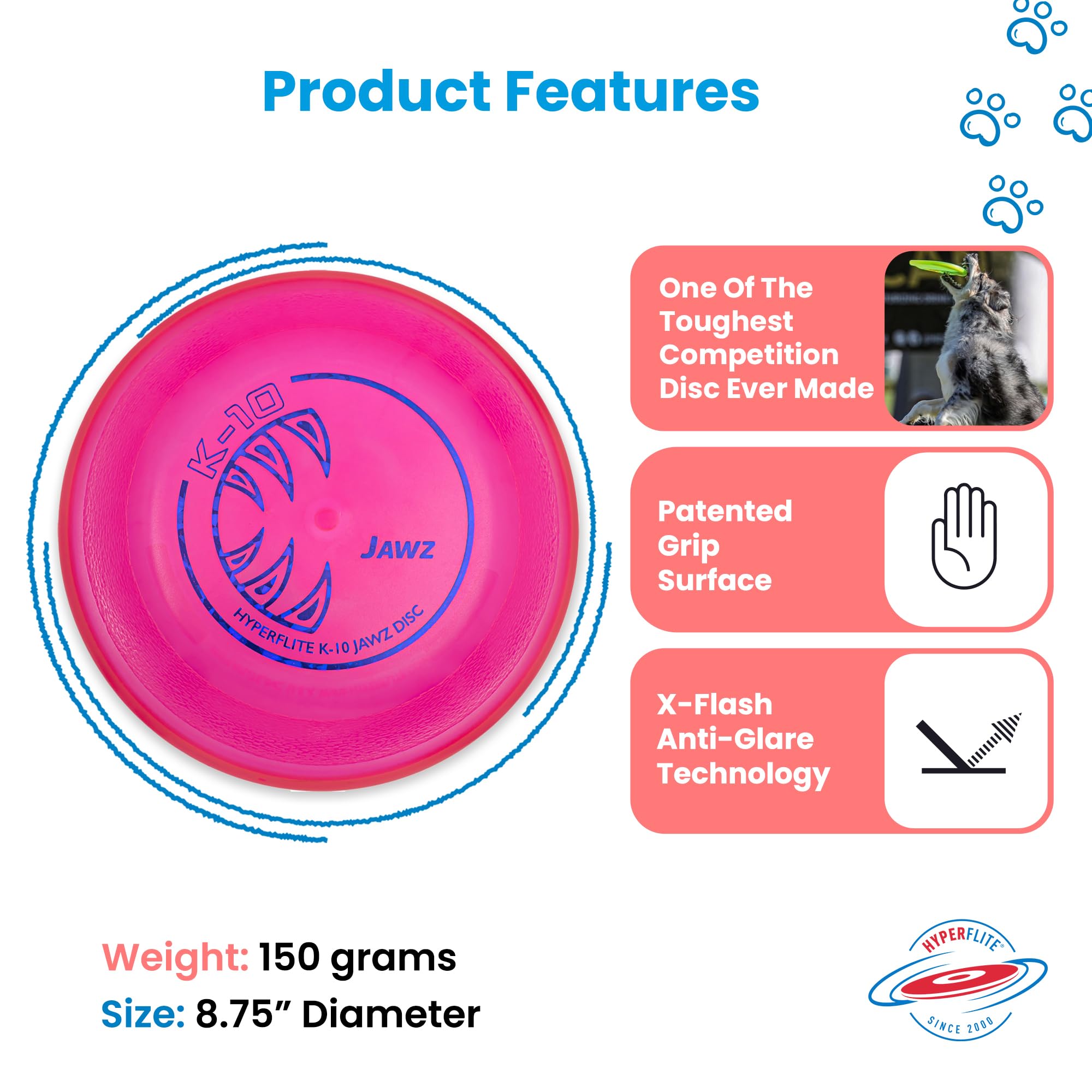 Hyperflite K-10 Jawz Pink Disc side view; puncture resistant for outdoor games