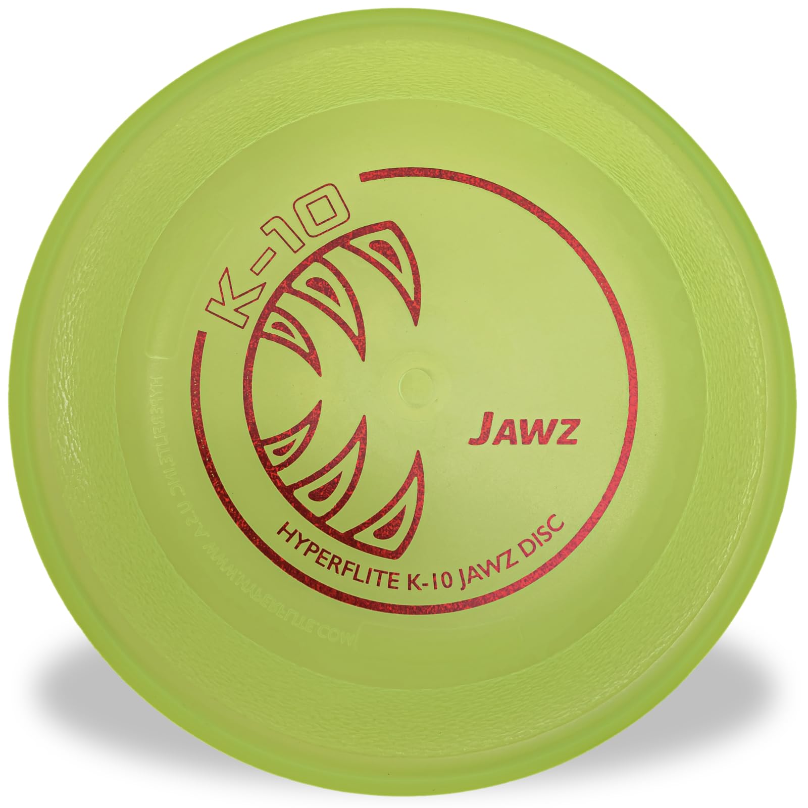 Hyperflite K-10 Jawz Yellow Disc close-up shows puncture resistant construction for durable fetch sessions.