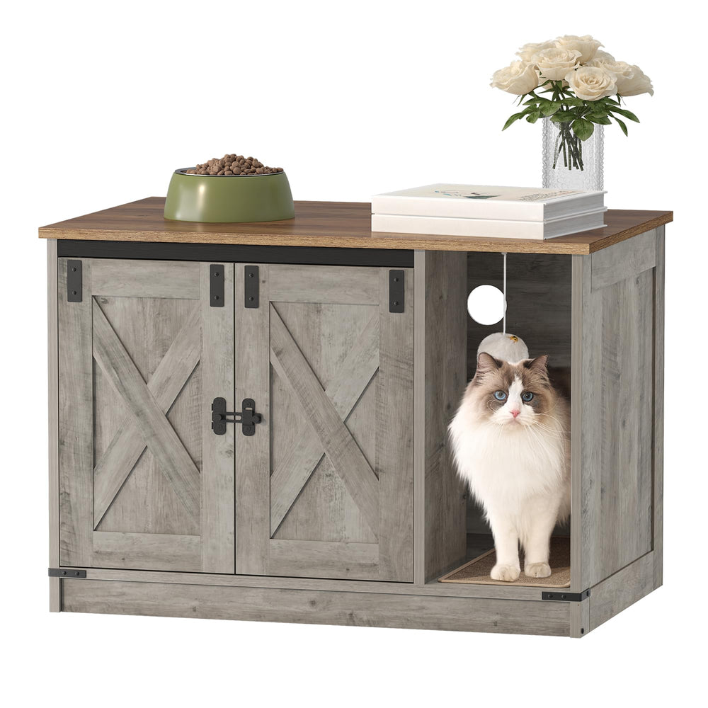 Hzuaneri cat litter box enclosure front view shows discreet space and rustic design