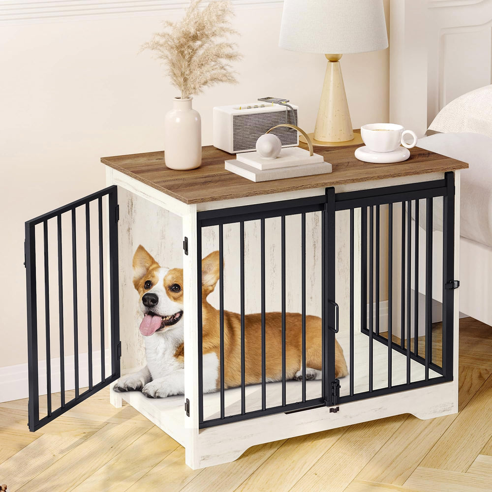 Hzuaneri dog crate furniture with barn door, side view, space-saving elegance.