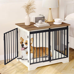 Hzuaneri dog crate furniture with barn door, side view, space-saving elegance.