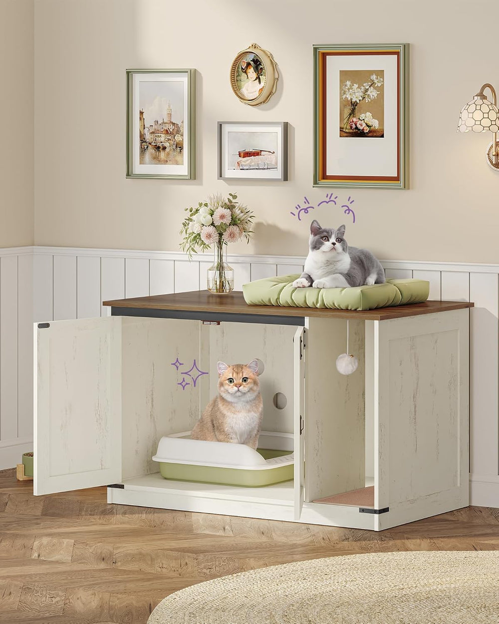 Hzuaneri hidden-litter-box-cabinet-inside reveals soft carpet to minimize litter scatter