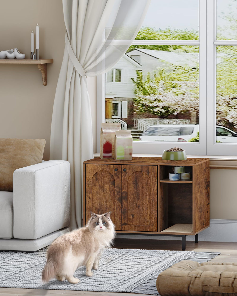 Hzuaneri litter box inside compartment, spacious interior for most litter boxes.