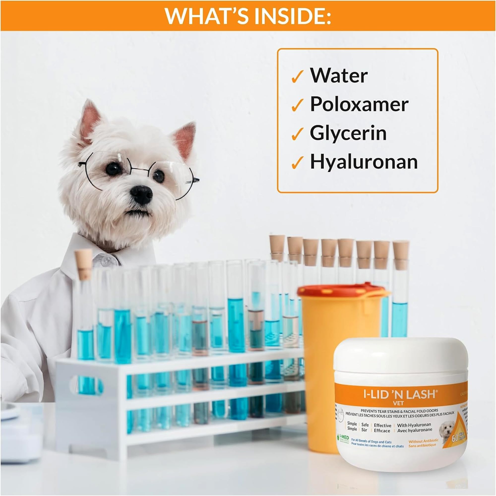 I-LID N LASH Vet dog eye wipes hyaluronan ingredient closeup highlighting gentle cleansing.