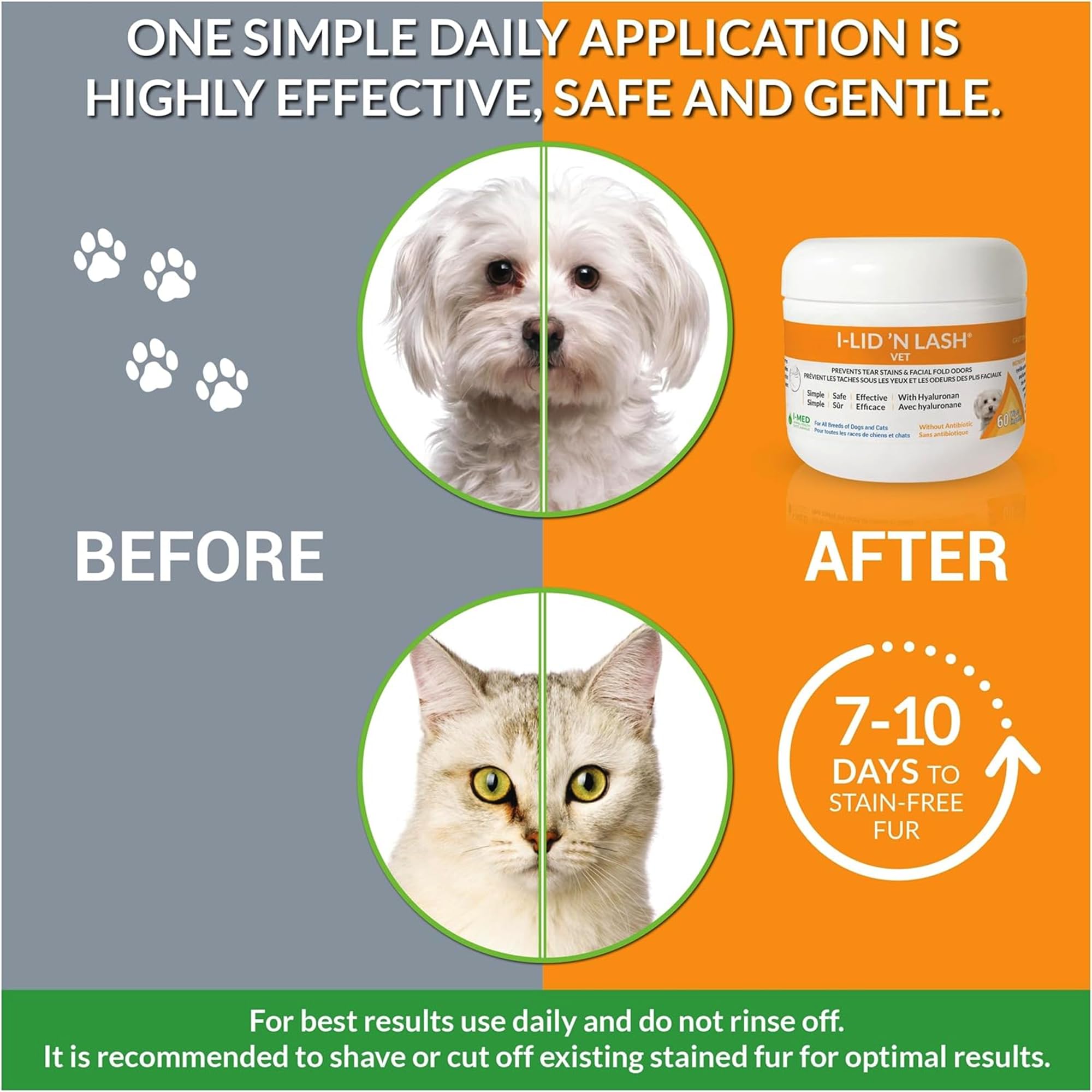 I-LID N LASH Vet dog eye wipes tub back showing usage details and packaging.