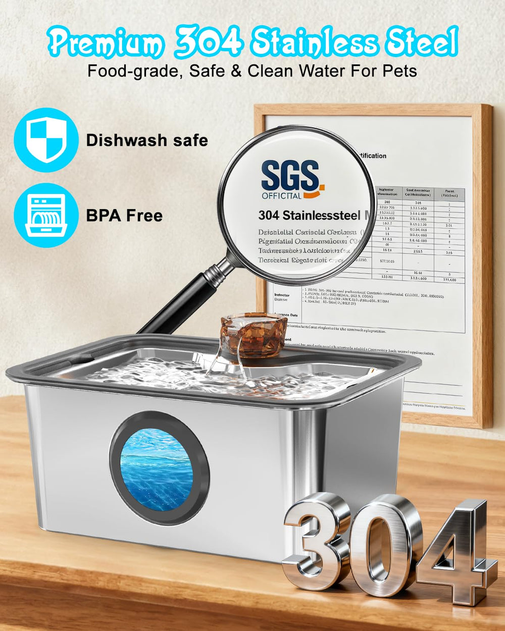 IAD 304 stainless steel dog water fountain bowl close-up emphasizes hygienic, rust-resistant material.
