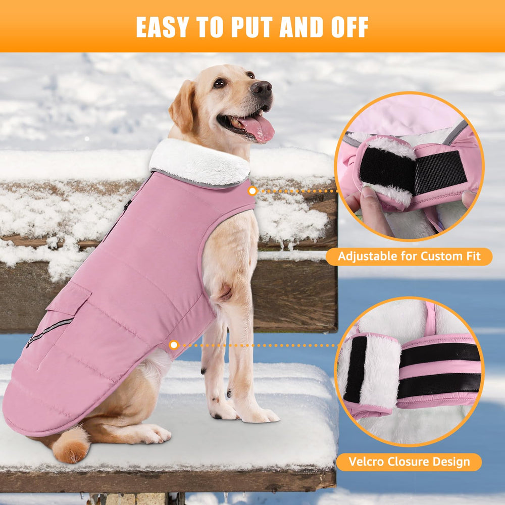 iBuddy dog winter jacket back view highlights adjustable straps for secure fit