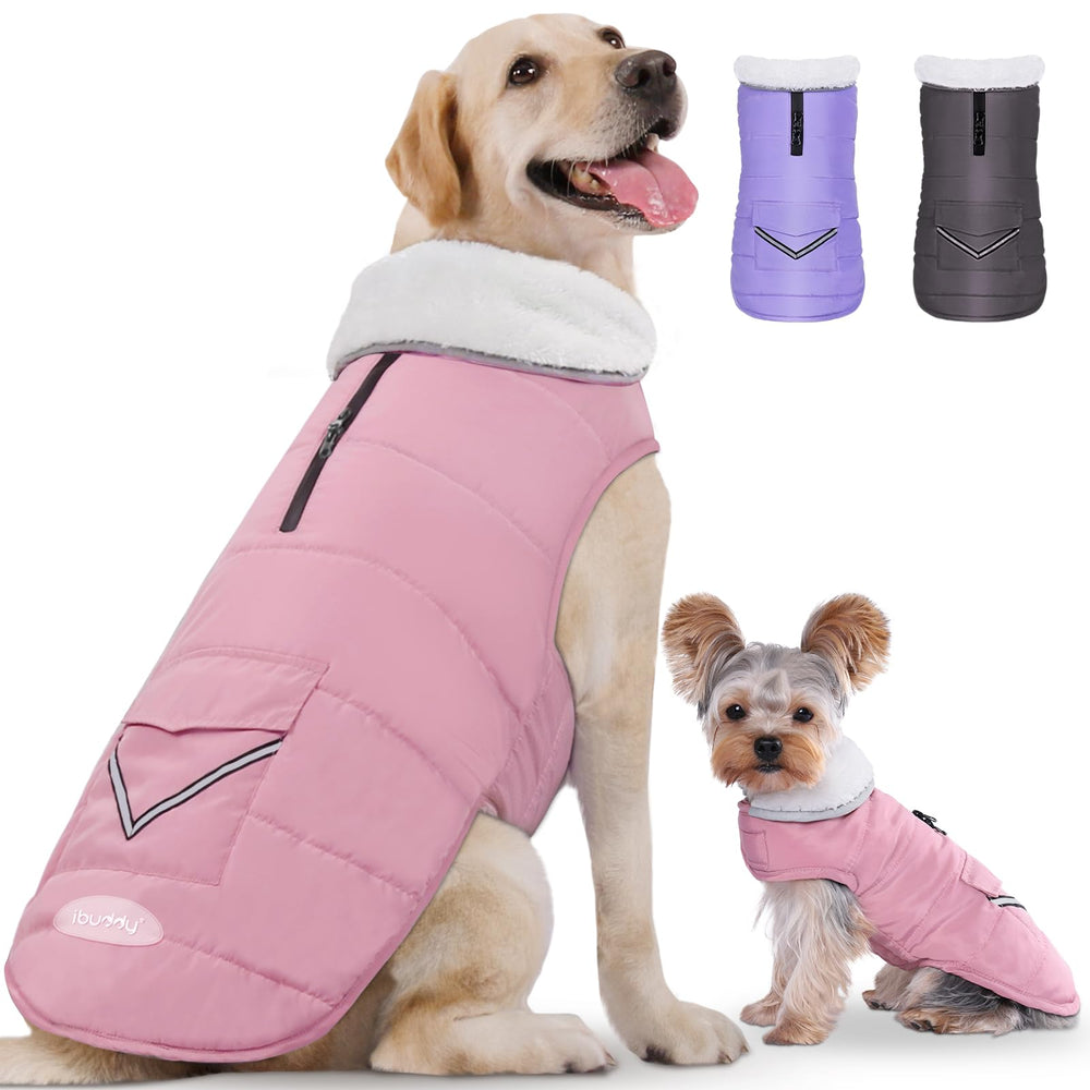 iBuddy dog winter jacket front view shows snug fleece lining and waterproof shell for warmth