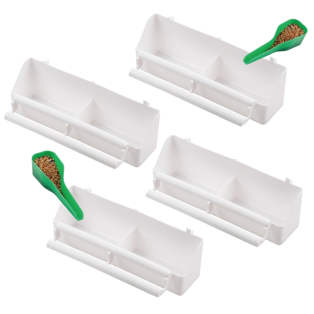 IBWell 4-pack bird feeder attached to a cage for tidy feeding.