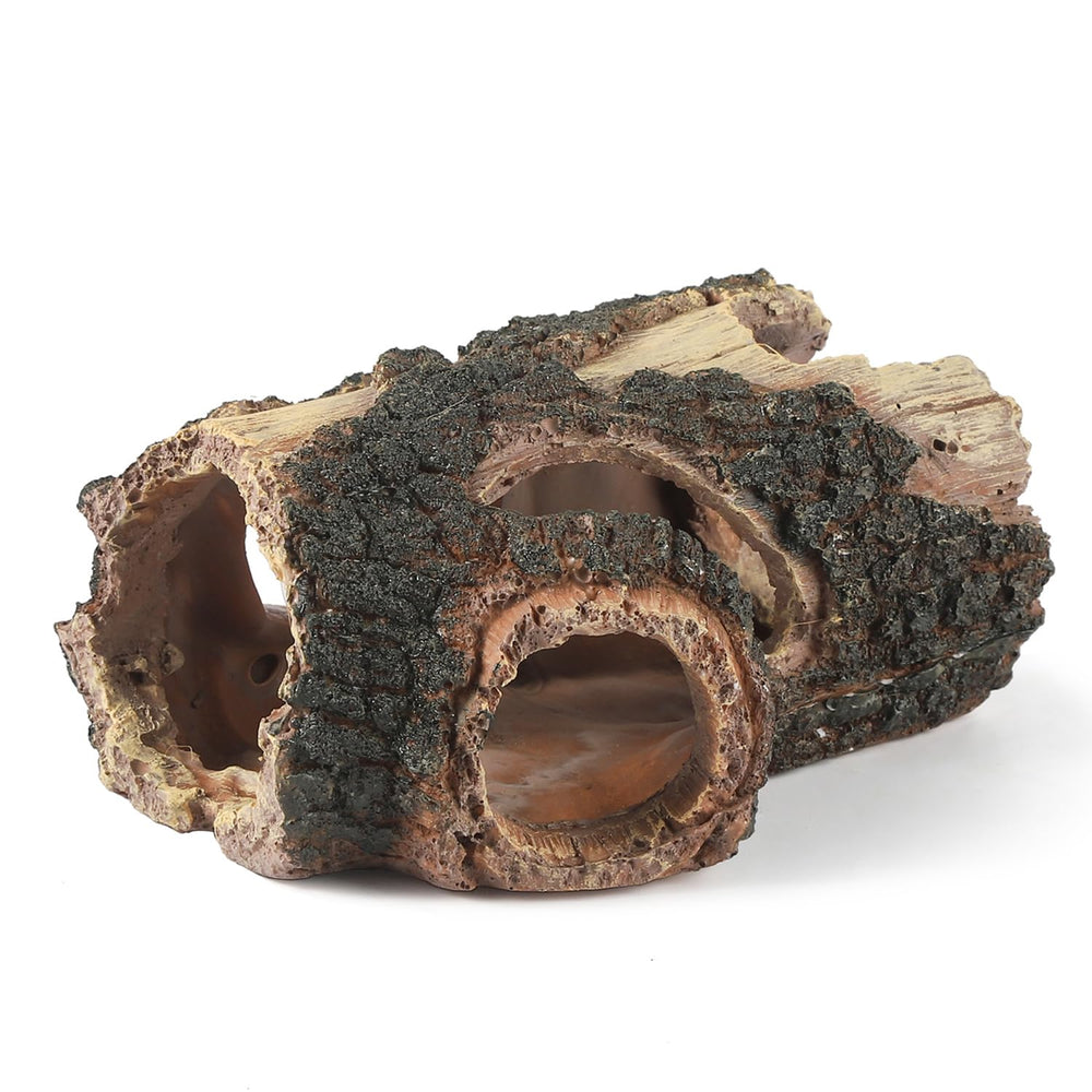 IBWell aquarium wood log decor hollow trunk with five holes provides safe fish hiding spots.
