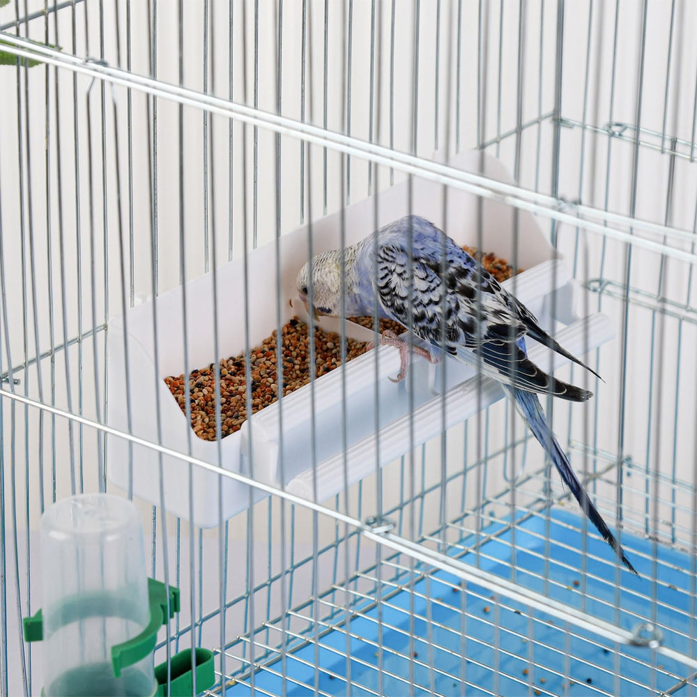 IBWell cage bird feeder with two compartments for food and water.