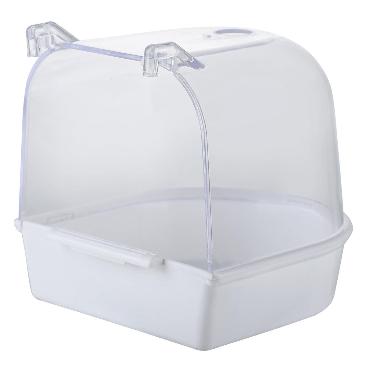 IBWell clear bird bath hanging inside a small bird cage for easy bathing.