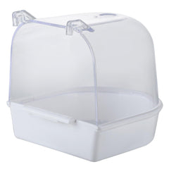 IBWell clear bird bath hanging inside a small bird cage for easy bathing.