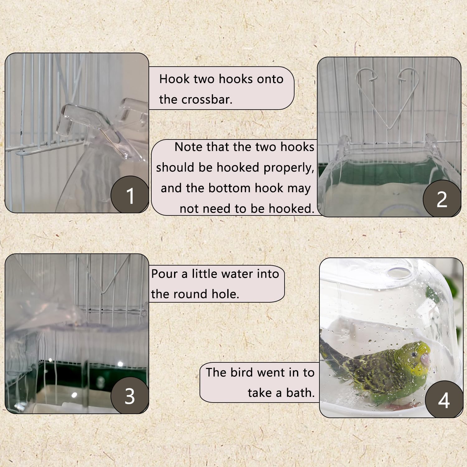IBWell clear bath for small birds offers safe, easy-access watering within the cage.