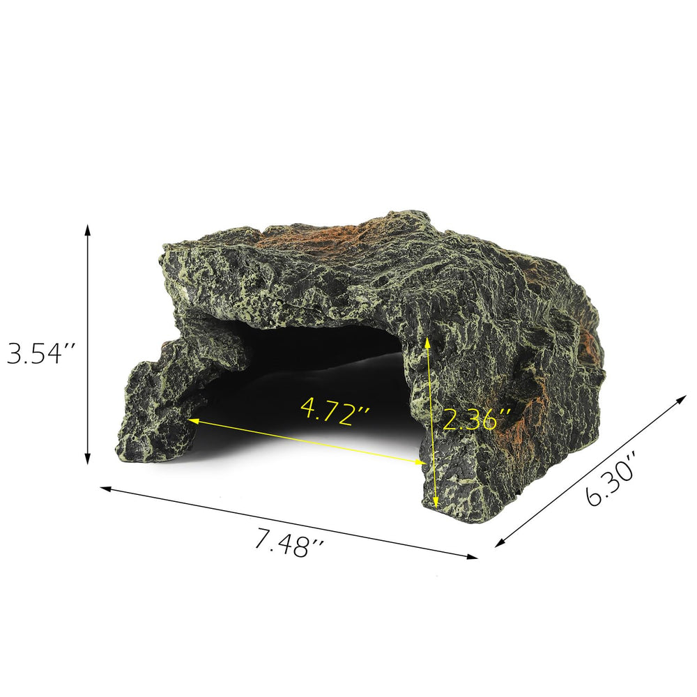 IBWell resin rock cave terrarium setup demonstrates a stable, safe hide for bearded dragons.