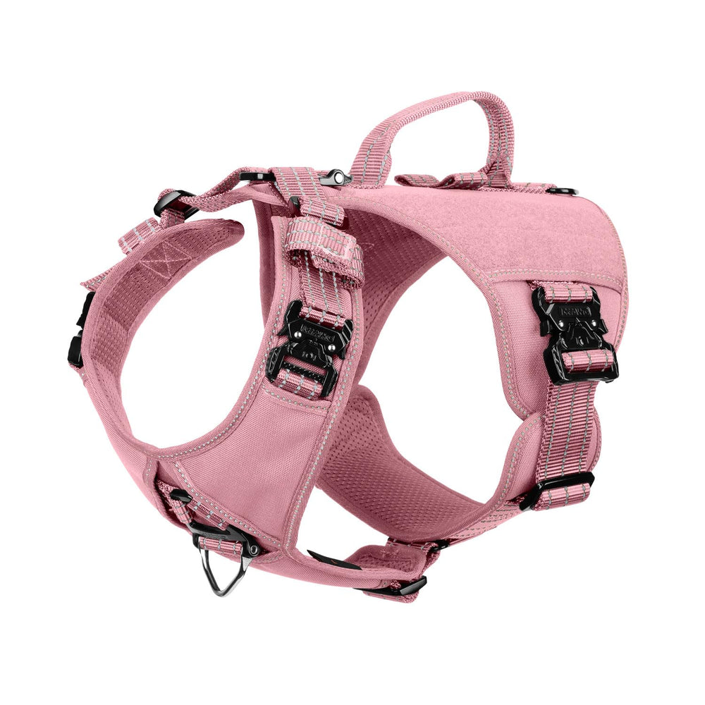 ICEFANG GN8 pink front view shows rugged metal buckles for secure control during walks