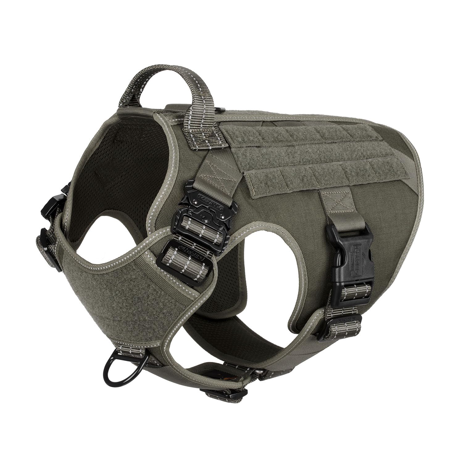 ICEFANG Tactical Dog Harness large buckles close-up shows secure neck control for reliable walks.