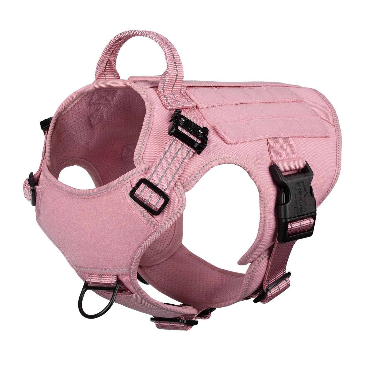 ICEFANG Tactical dog harness medium pink front view shows secure adjustable straps for calmer walks.