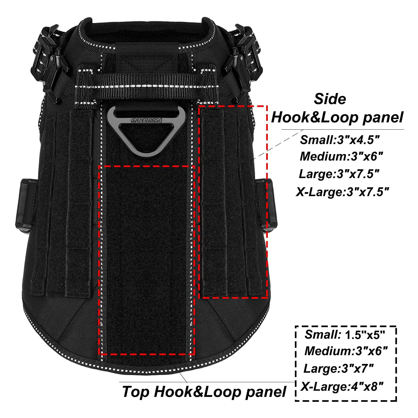 ICEFANG tactical harness patch area shows loop panels for patches and customization