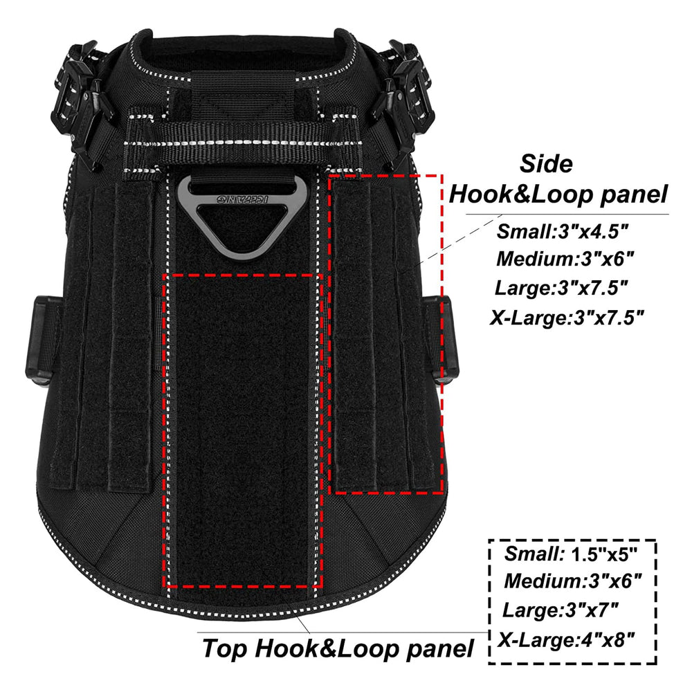 ICEFANG tactical harness patch area shows loop panels for patches and customization
