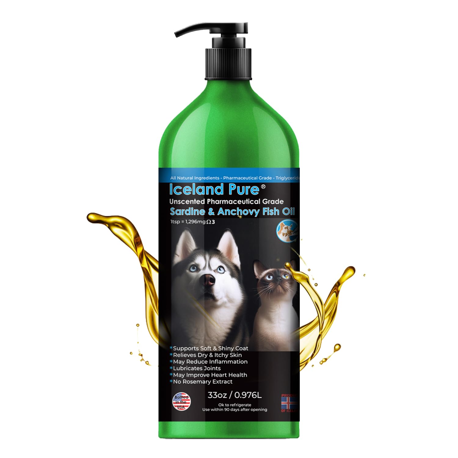 Iceland Pure Sardine Anchovy Oil bottle pump enables easy daily dosing for pets.