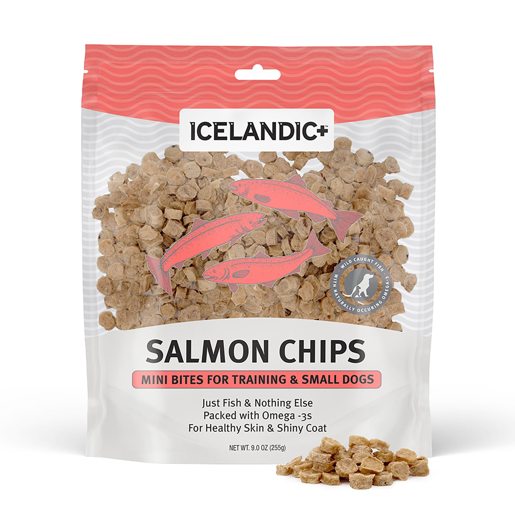 Icelandic+ Mini Fish Chips salmon bag closeup highlighting a premium two-ingredient natural treat.