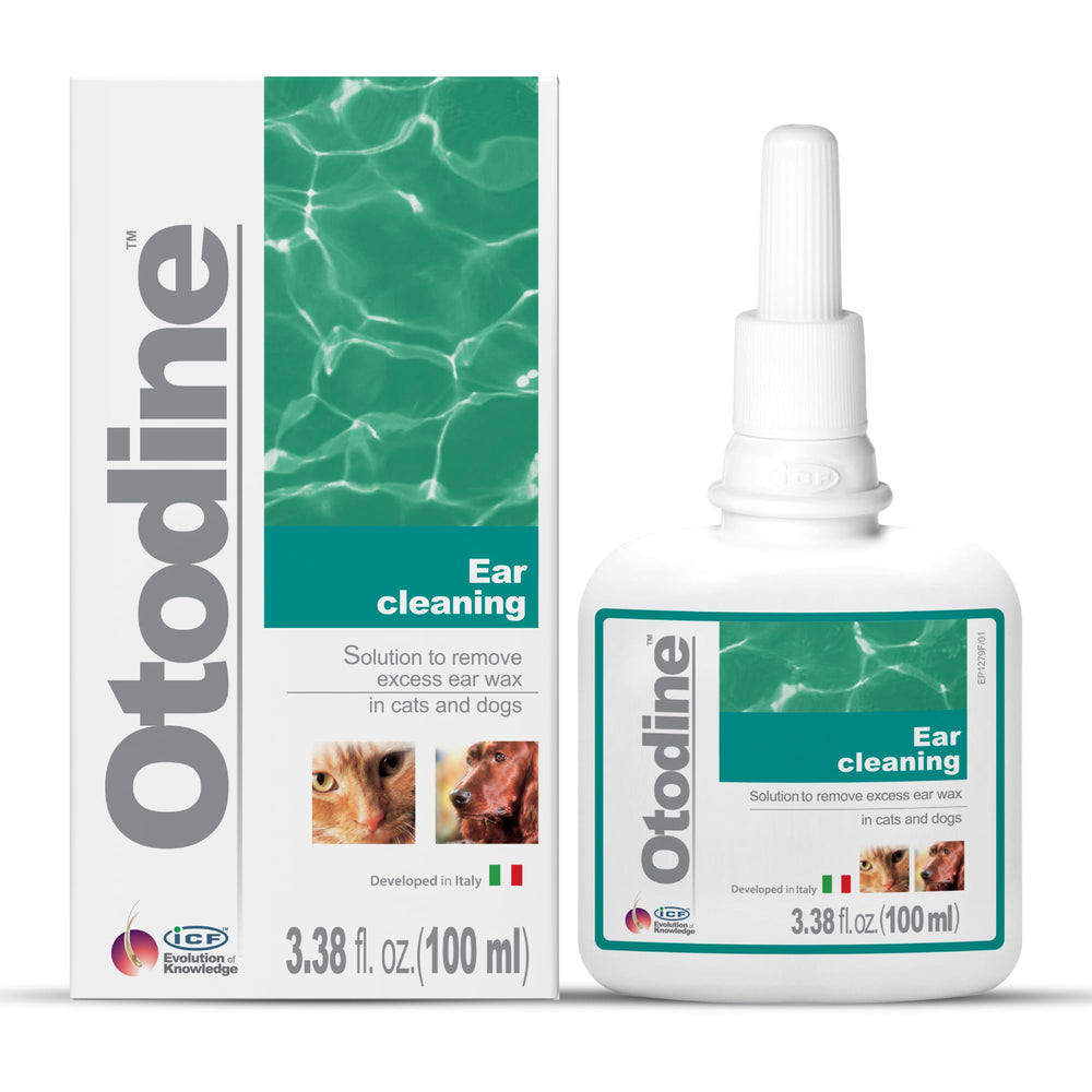 ICF Otodine bottle pour shows deep ear cleaning action for pets.