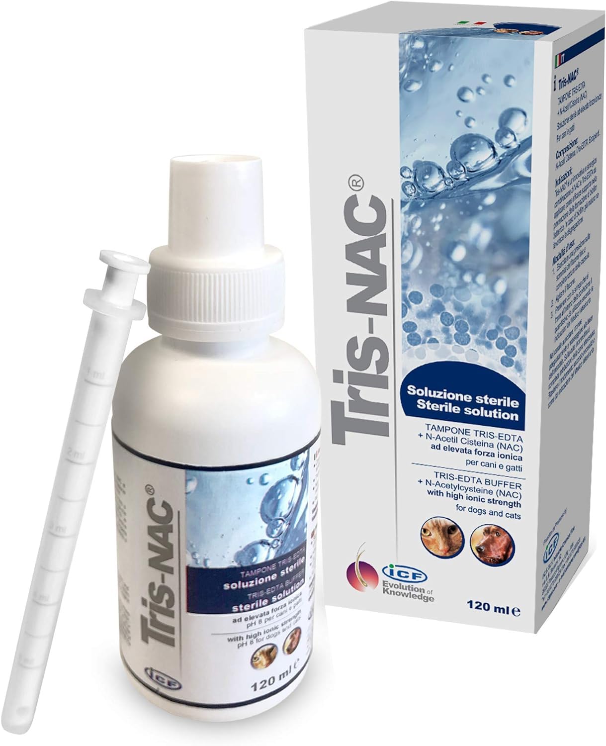 ICF Tris-NAC ear cleanser bottle for dogs and cats offering gentle, biofilm-focused ear care