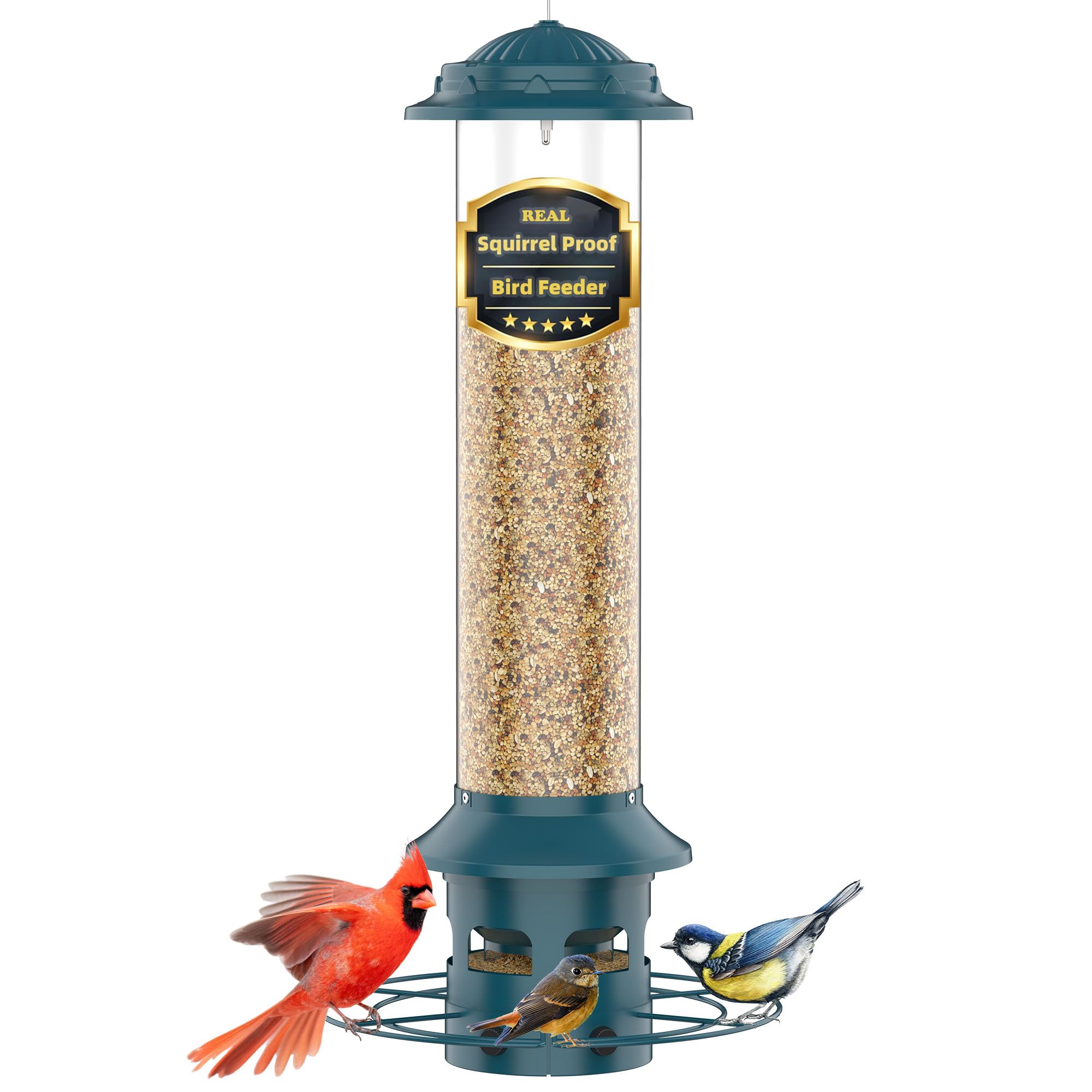 Icreer bird feeder outdoors with squirrel-proof design attracts finches and cardinals.