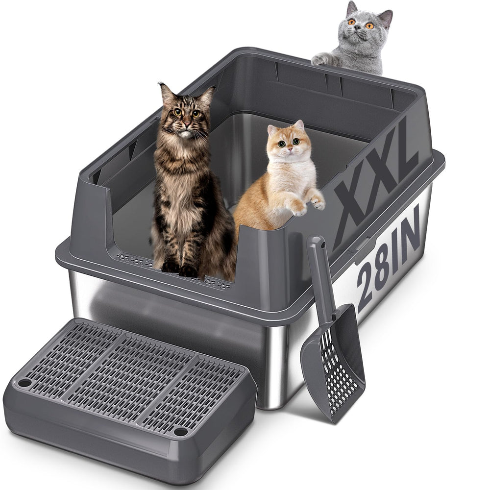 ICYAIR XXL stainless steel litter box side view highlighting spacious 28x20 area for large cats