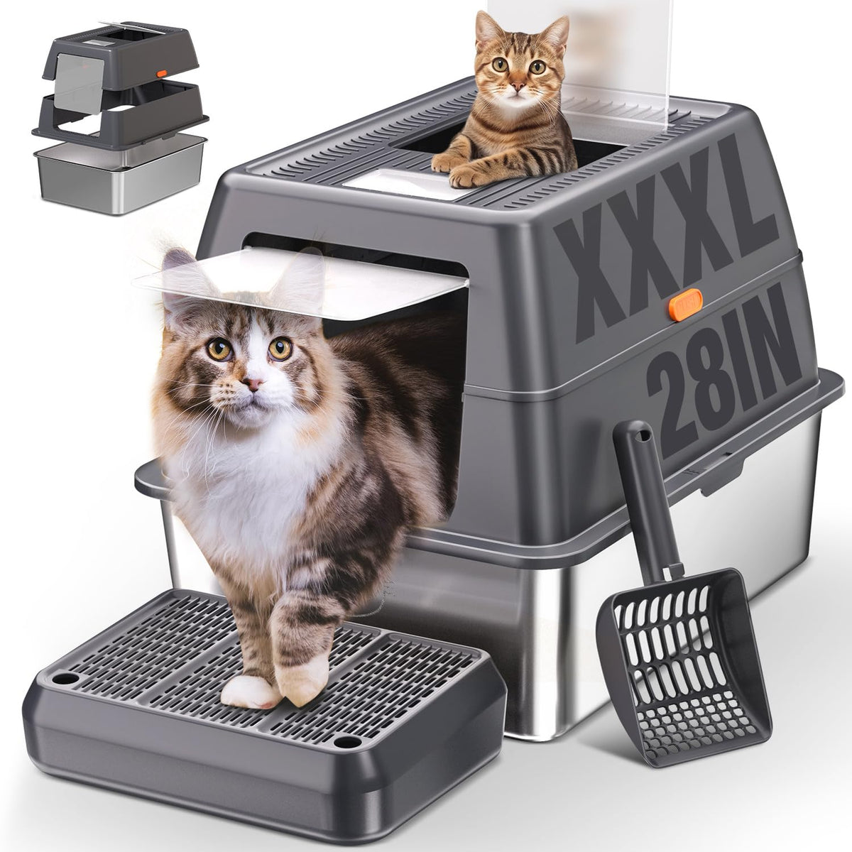 ICYAIR XXXL stainless steel litter box with lid for privacy and odor containment.