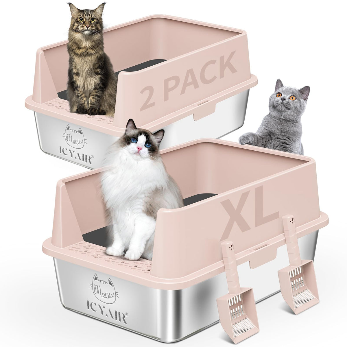 ICYAIR 2-pack XL stainless steel litter box set shown side by side for multi-cat homes