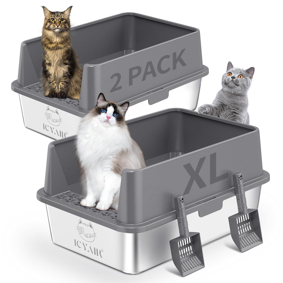 ICYAIR two-pack stainless steel litter box; high sides prevent spills.