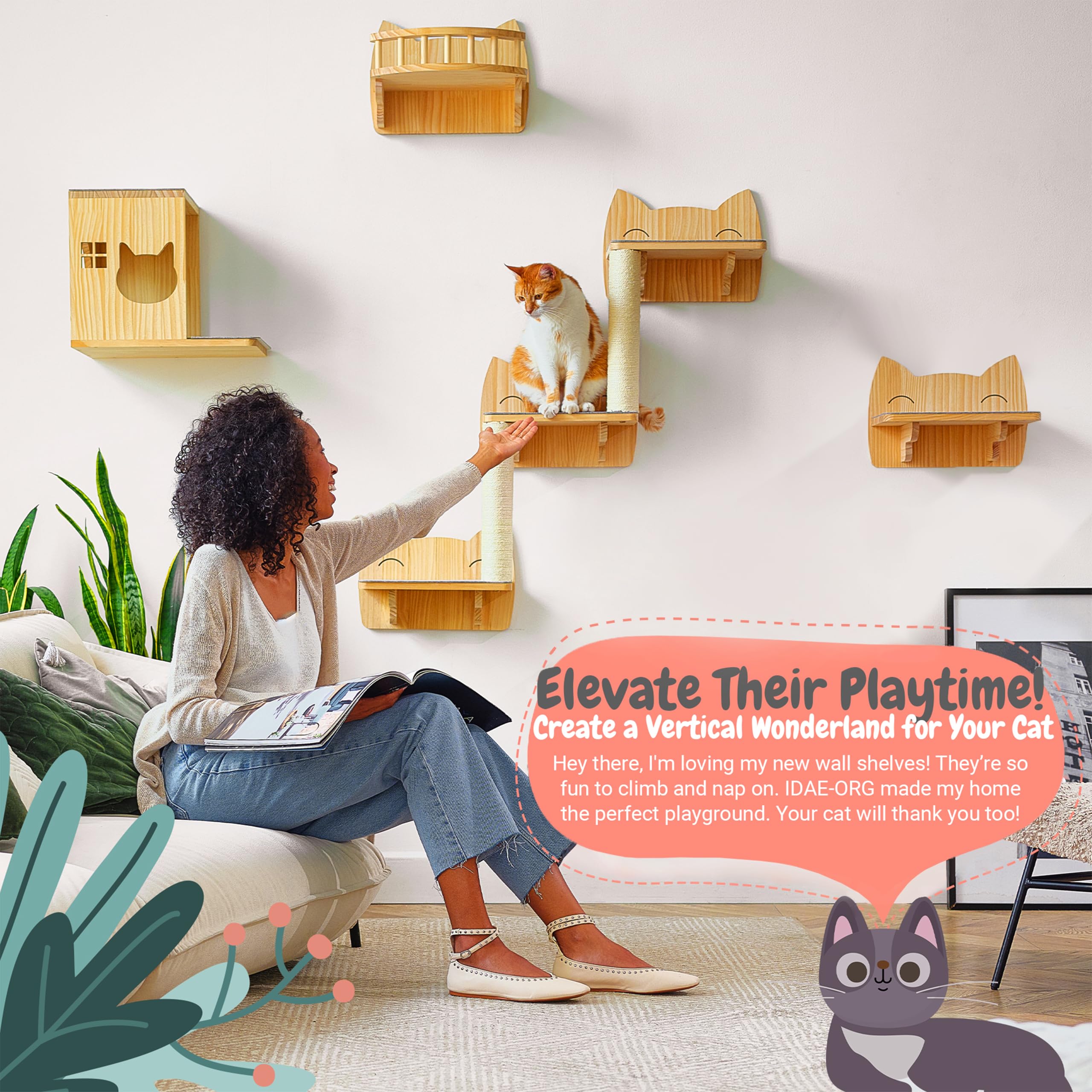 IDAE Cat Wall Shelves attachment options show secure mounting on concrete or drywall.