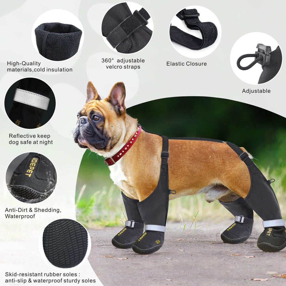 Idepet dog boots feature paw embroidery for decorative, secure wear