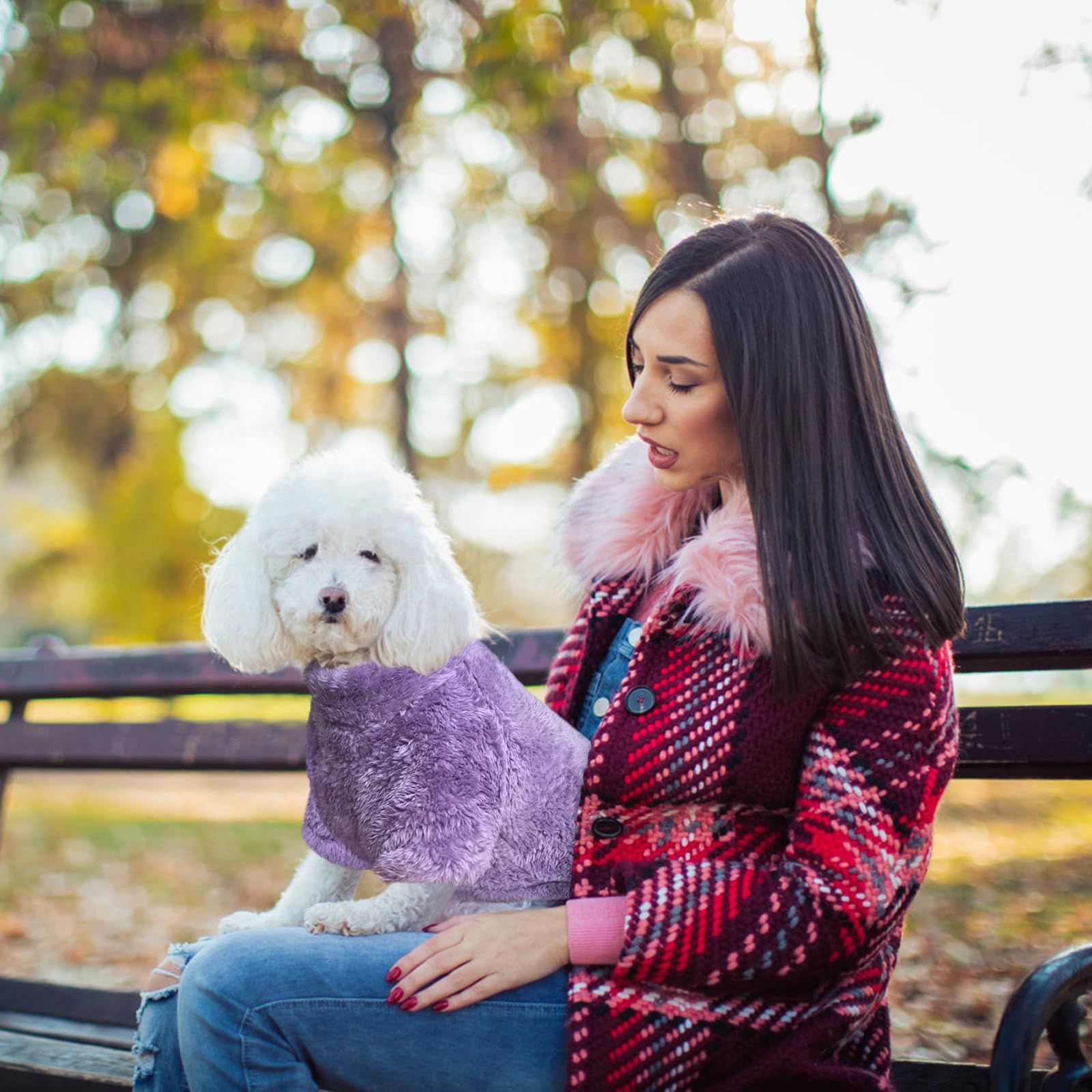 Idepet fleece dog sweater purple XL worn on dog with plush feel