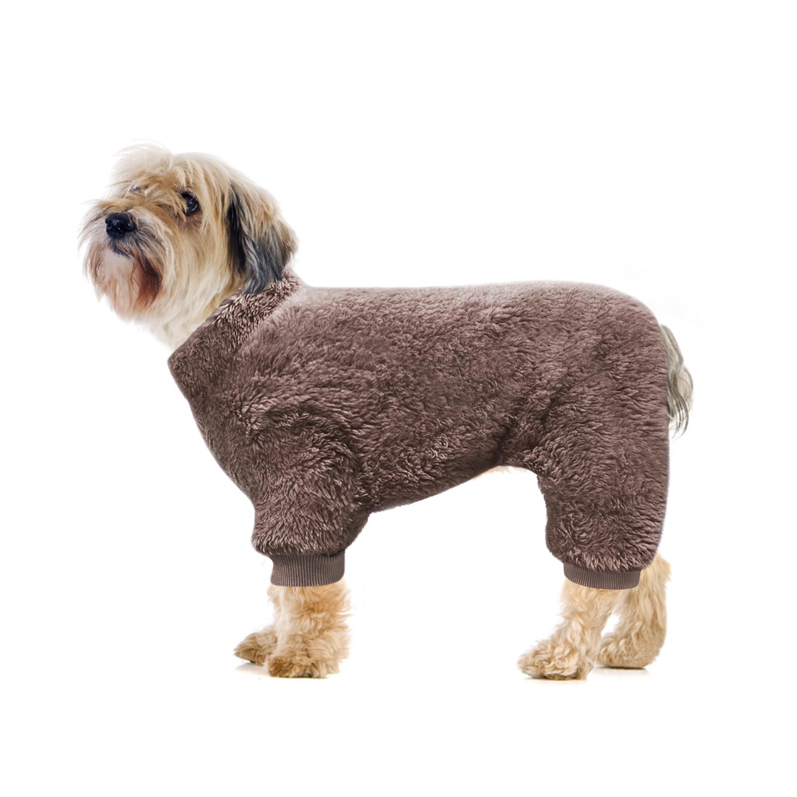 Idepet velvet dog pajamas brown full-body shot, snug winter wear for small dogs and cats.