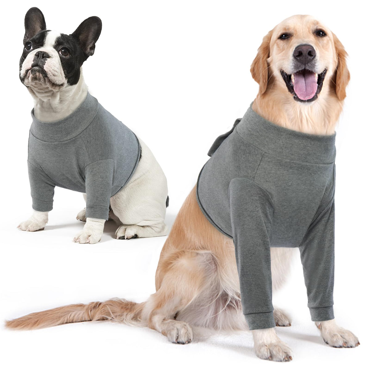IDOMIK Dog Recovery Suit front legs on grey fabric helps shield wounds during recovery.