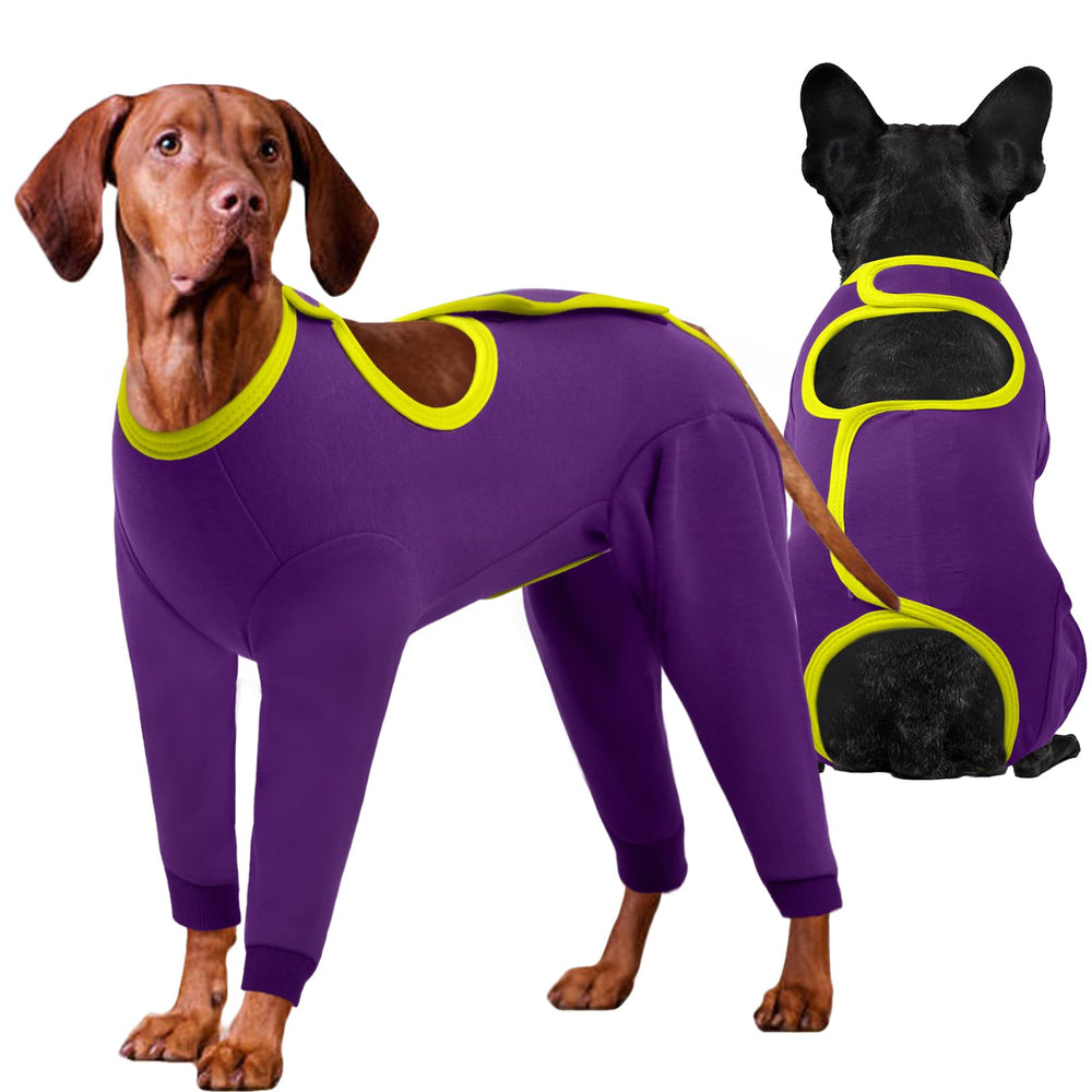 IDOMIK dog recovery suit on a sleeping dog showing comfortable coverage and protection.