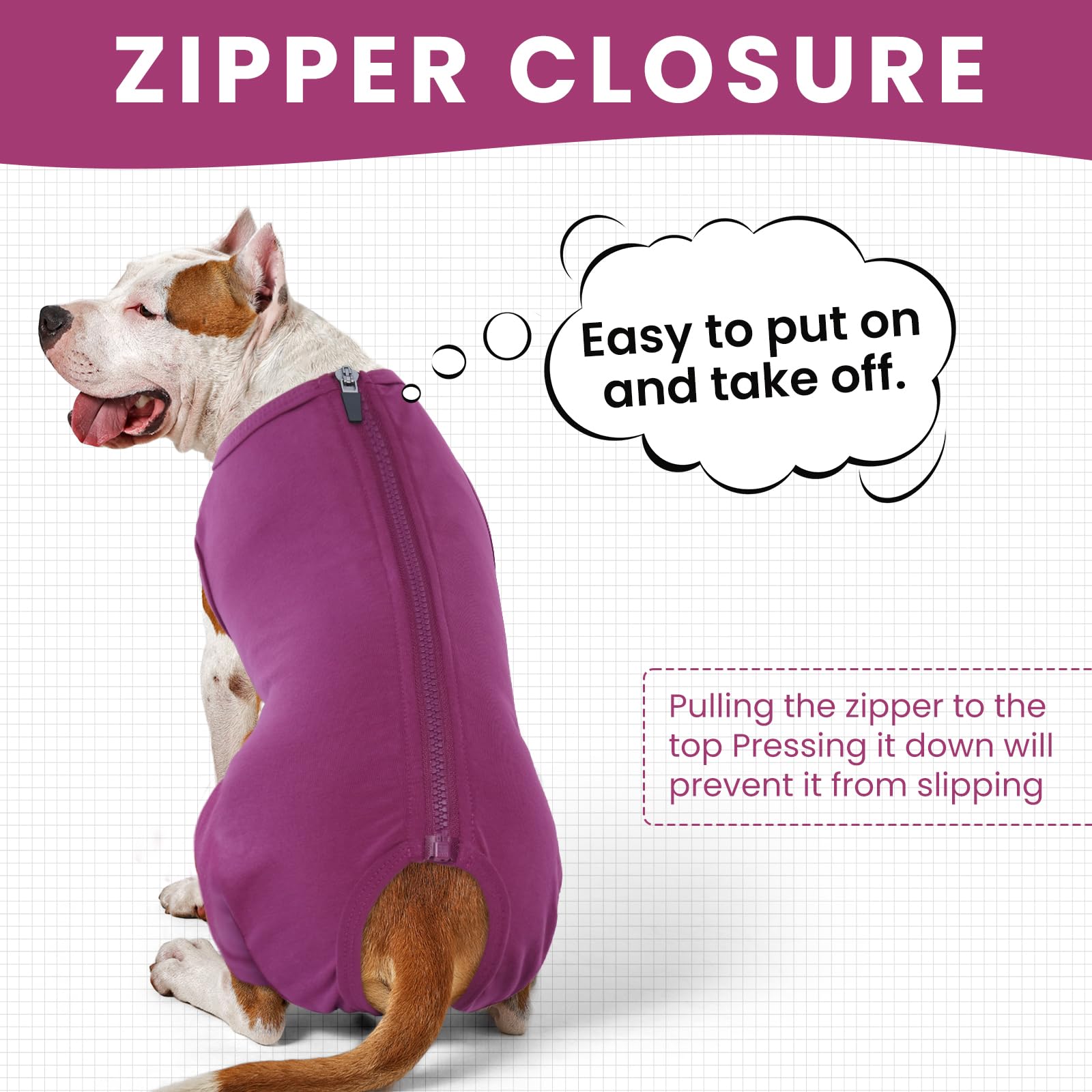 IDOMIK dog recovery suit purple fabric close-up highlights breathable cotton-spandex blend.