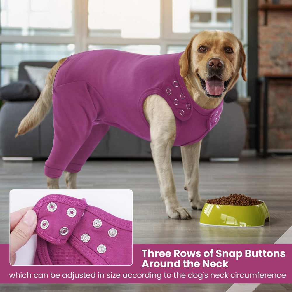 IDOMIK dog recovery suit purple side view shows snug, comfortable fit.
