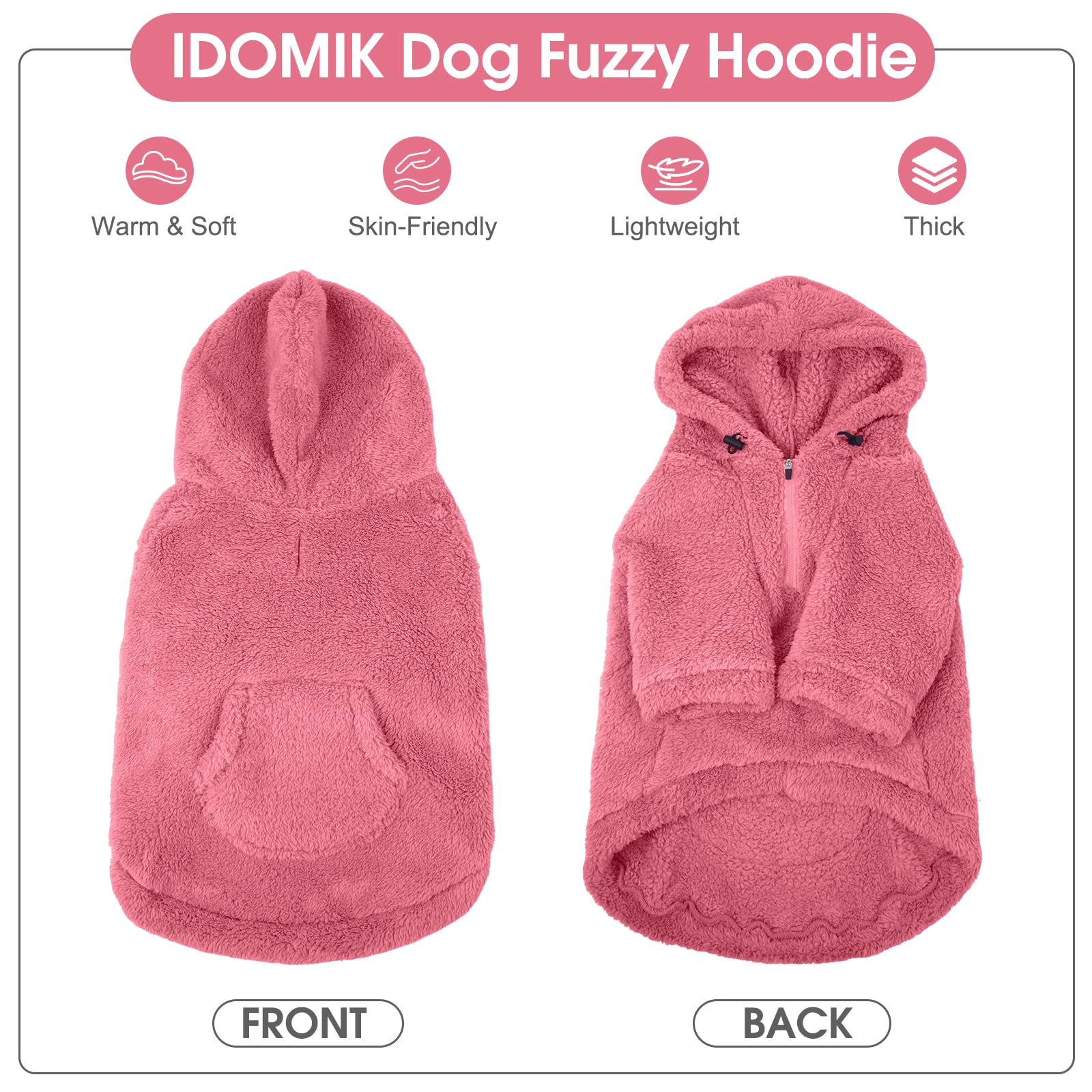 IDOMIK fuzzy dog sweater pink hoodie back shows secure fit and festive styling