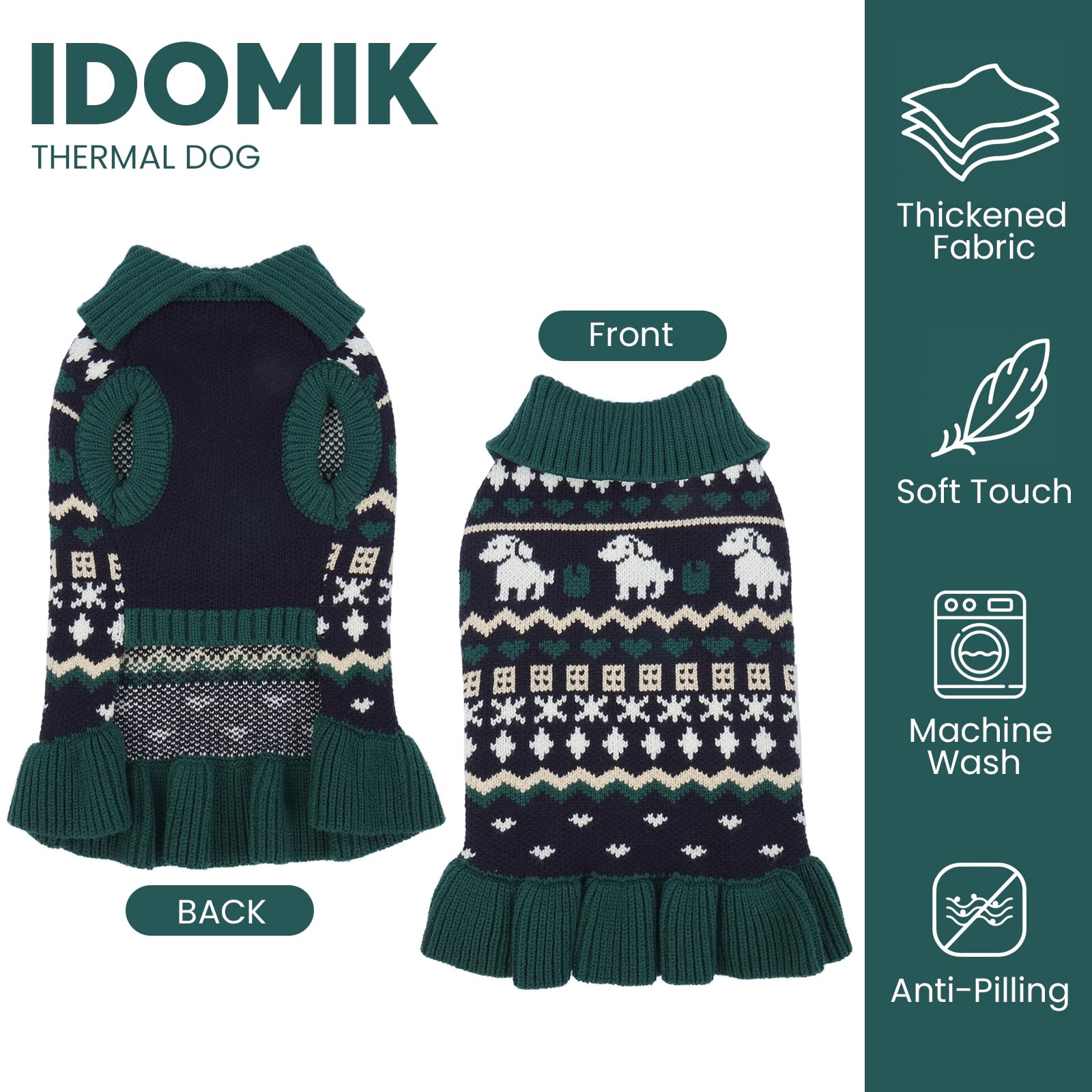 IDOMIK small dog sweater dress back view demonstrates full coverage and comfortable fit.