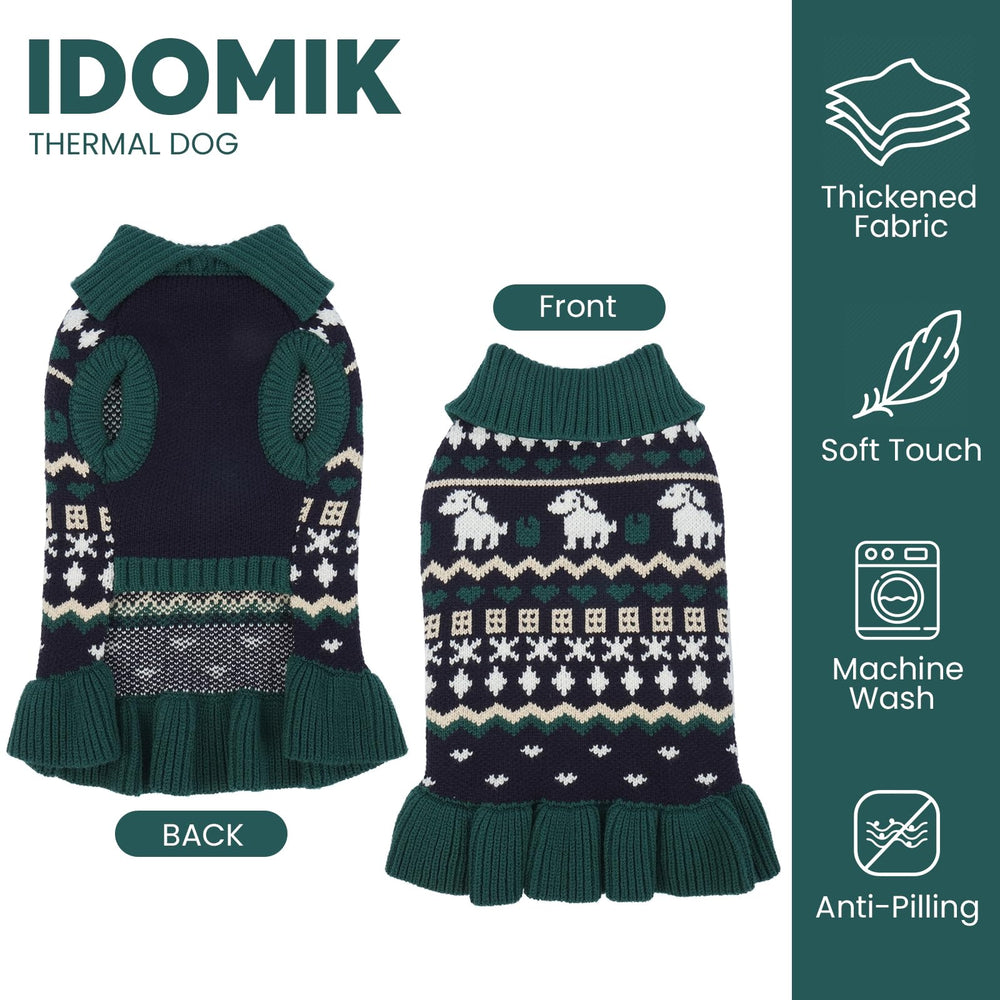 IDOMIK small dog sweater dress back view demonstrates full coverage and comfortable fit.