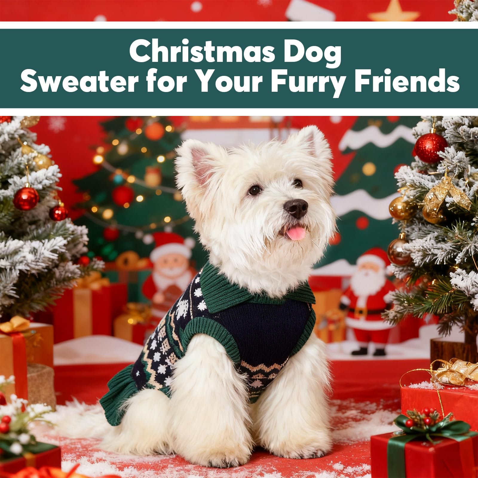 IDOMIK small dog sweater dress flip collar detail adds festive charm.