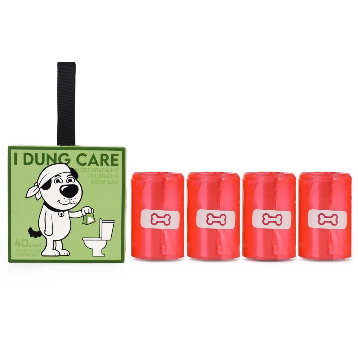 I Dung Care flushable poop bags packaging shows eco-friendly materials for convenient disposal.